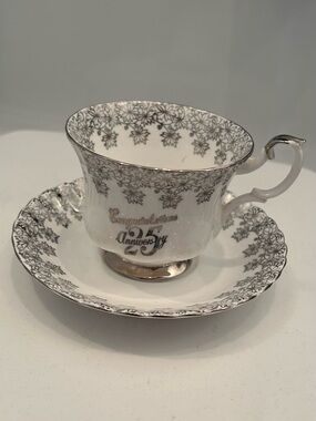 Royal Albert 25th Silver Anniversary  Teacup & Saucer in Silver and White